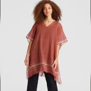 Eileen Fisher Poncho, Brick Red Cotton with Stripes and Frayed Edged, V-Neck